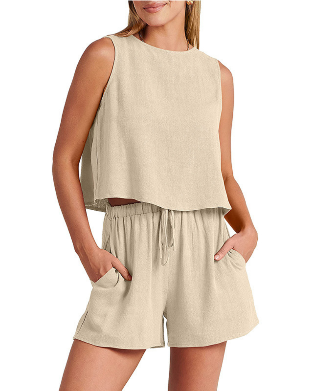 Sleeveless linen blend two-piece summer set