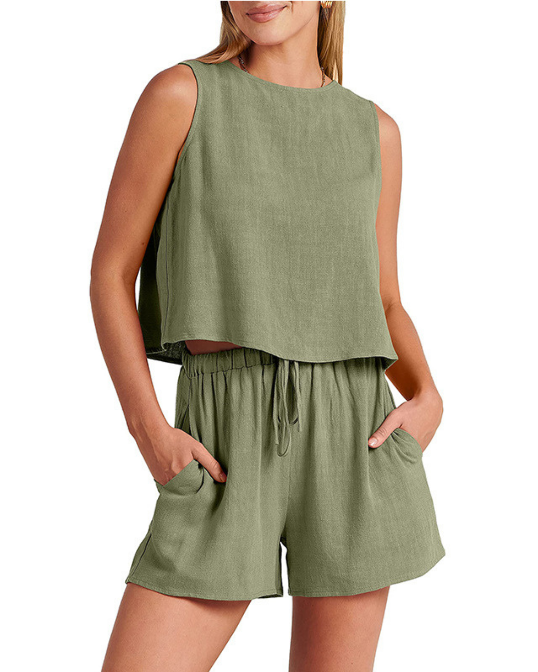 Sleeveless linen blend two-piece summer set