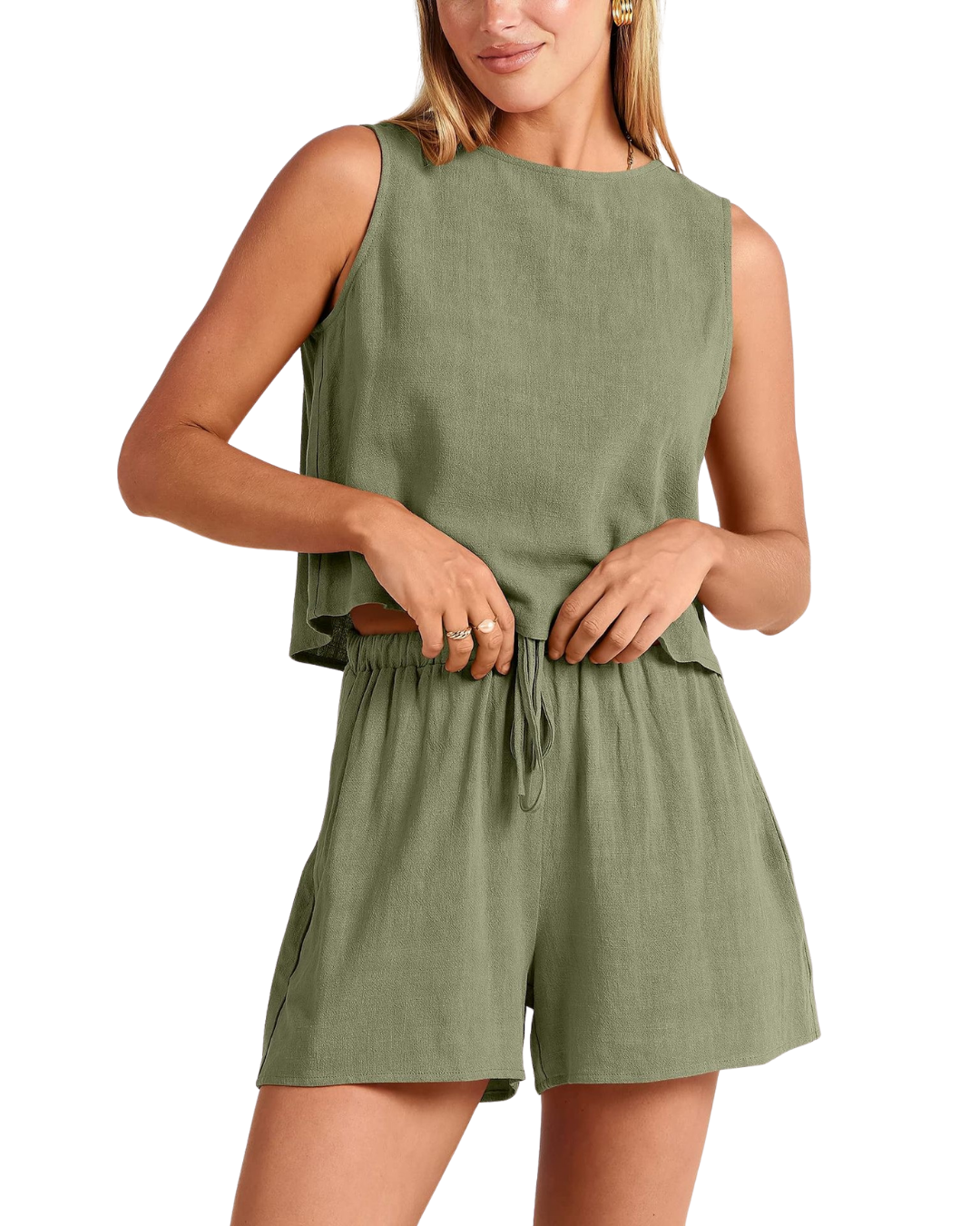 Sleeveless linen blend two-piece summer set