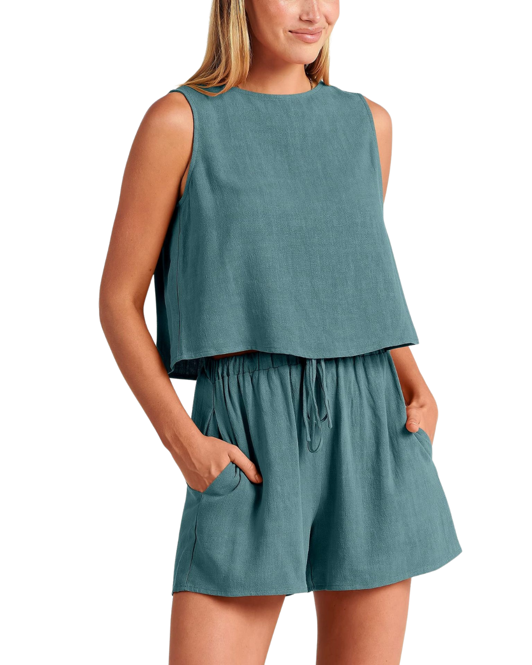 Sleeveless linen blend two-piece summer set